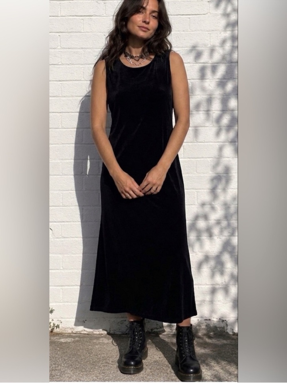 VINTAGE 90s Gloria Vanderbilt Black Velvet Sleeveless Maxi Dress Size Medium